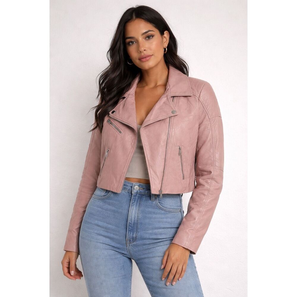 Blush Pink Cropped Moto Jacket Biker Faux Leather Zip Punk Y2K Chic Size L